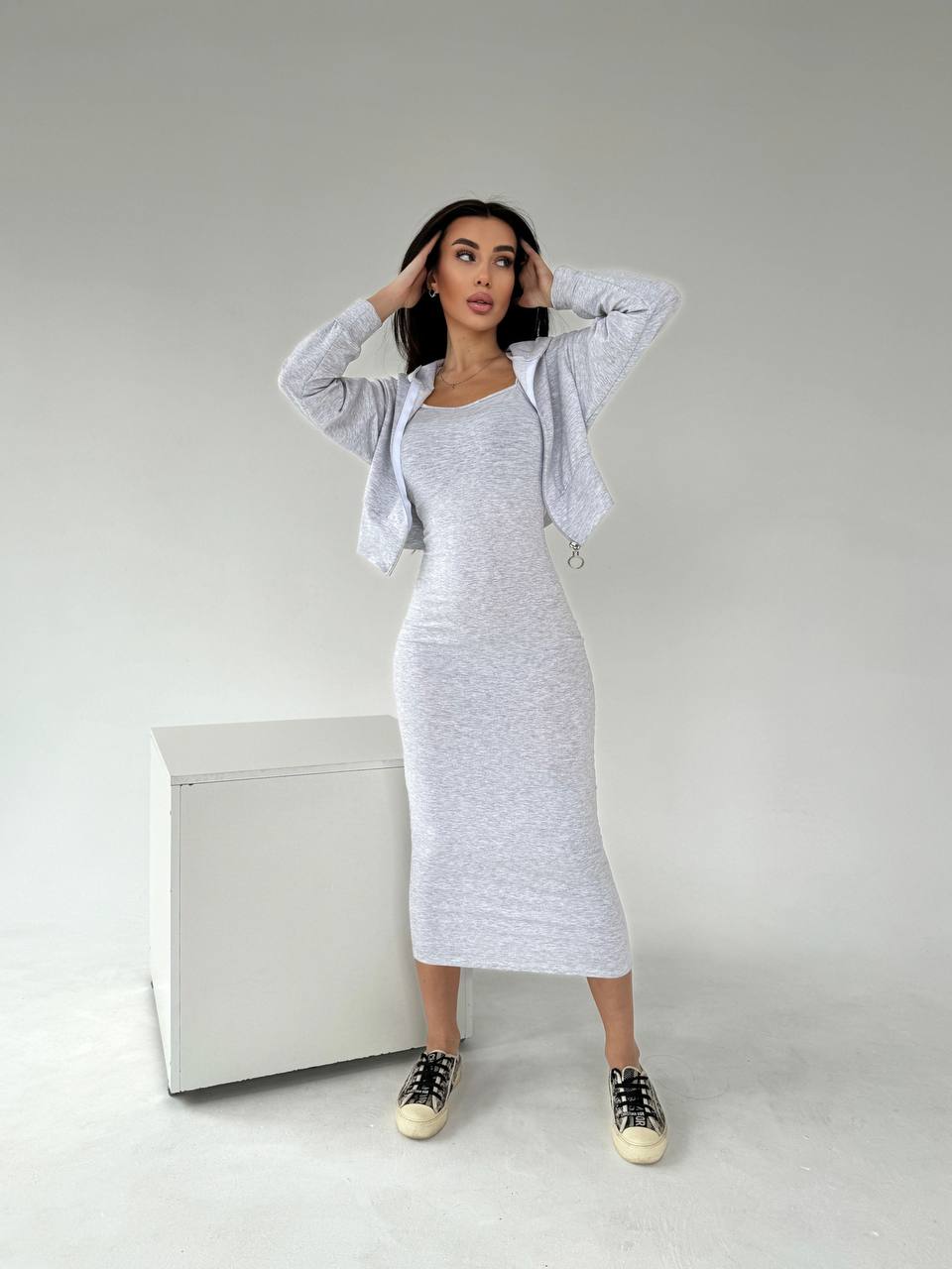 Женский комплект кофта+платье серого цвета  30897