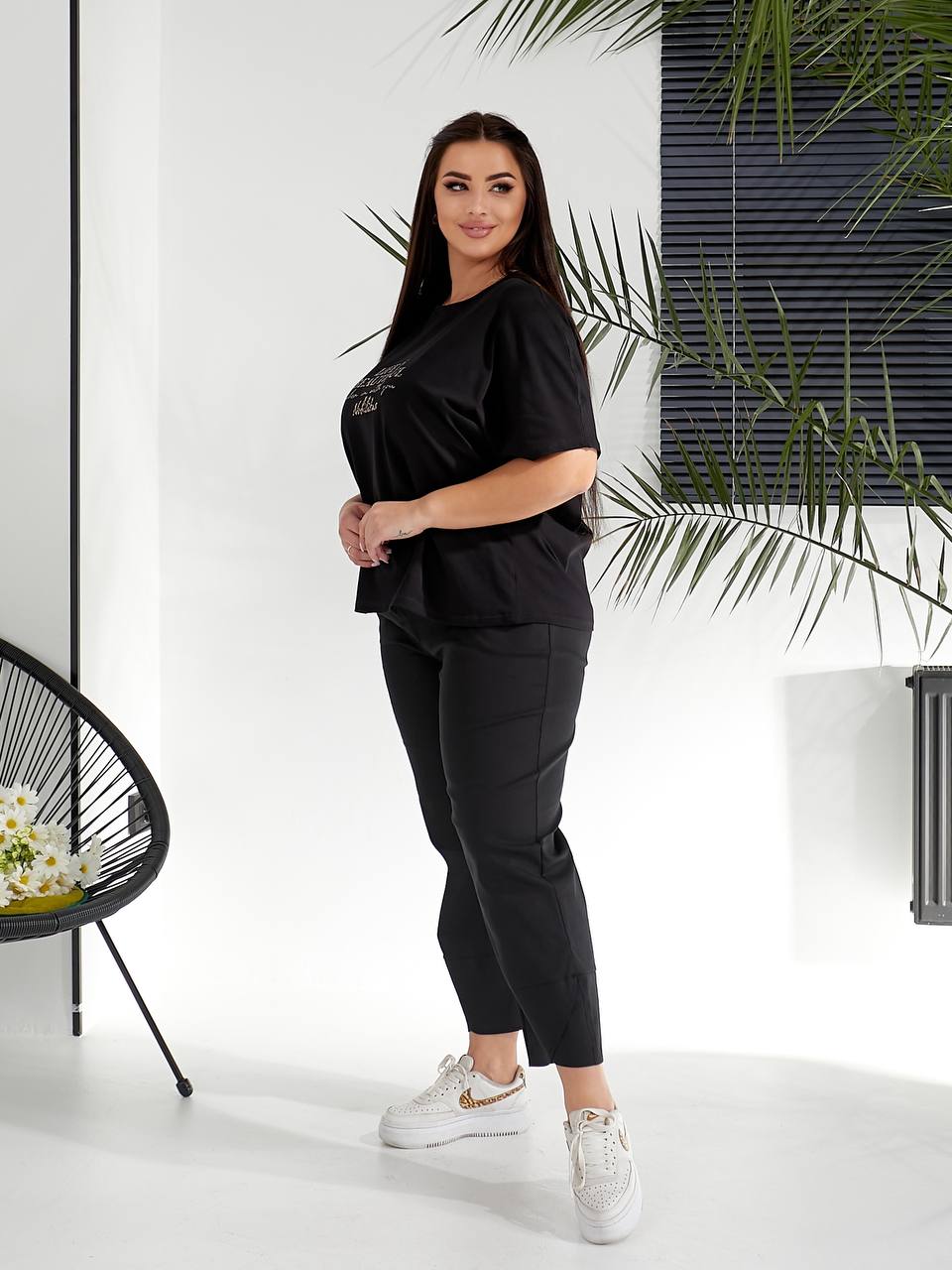 Женский костюм брюки+футболка черного цвета 32221