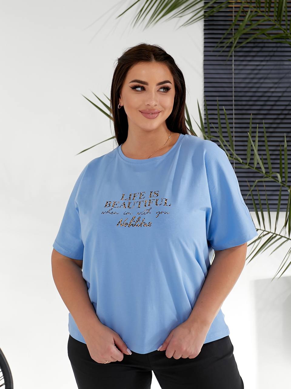 Женский костюм брюки+футболка голубого цвета 32223