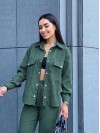 Женский костюм из микровельвета на кнопках цвета хаки 26052