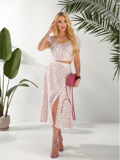 Жіночий костюм (топ+спідниця) молочного кольору 32411