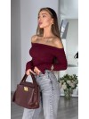 Женский легкий лонгслив с открытыми плечами бордового цвета 31036