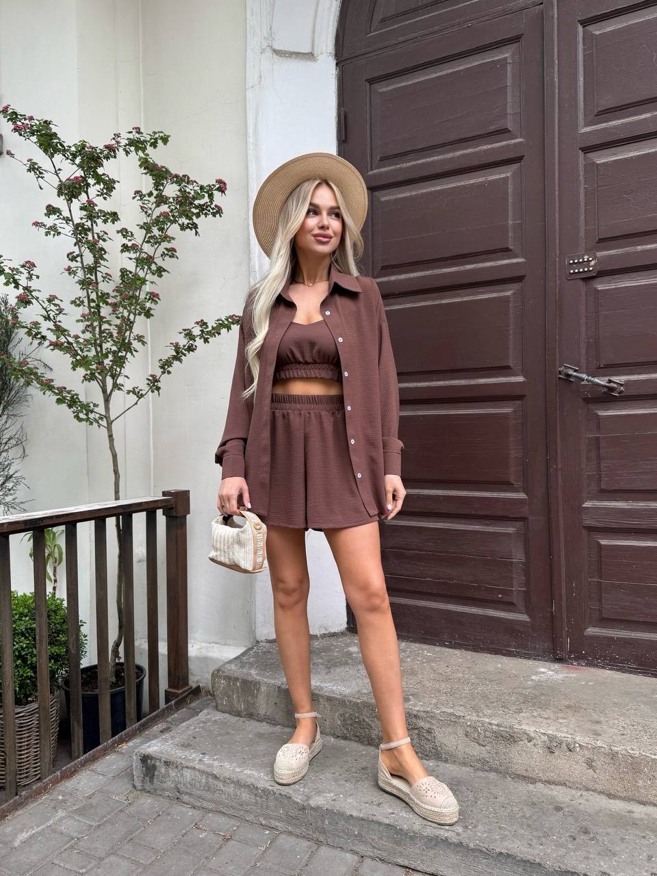 Женский летний костюм 3-ка коричневого цвета 33372