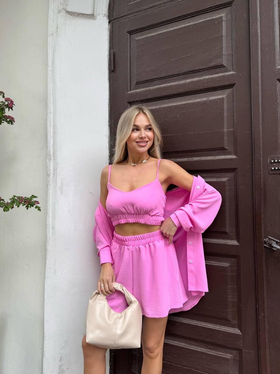 Жіночий літній костюм 3-ка рожевого кольору 33375