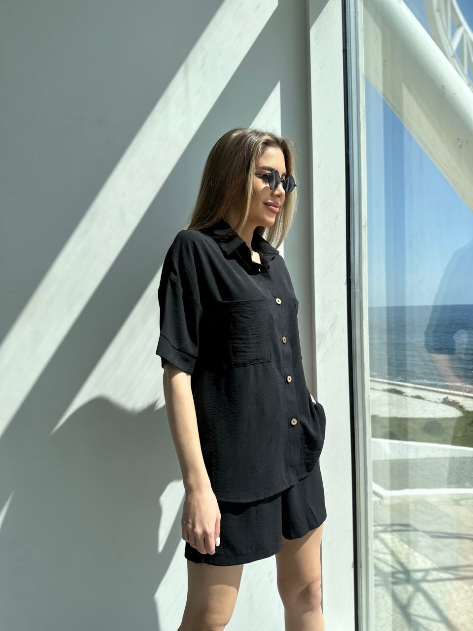 Жіночий літній костюм сорочка+шорти чорного кольору 33108