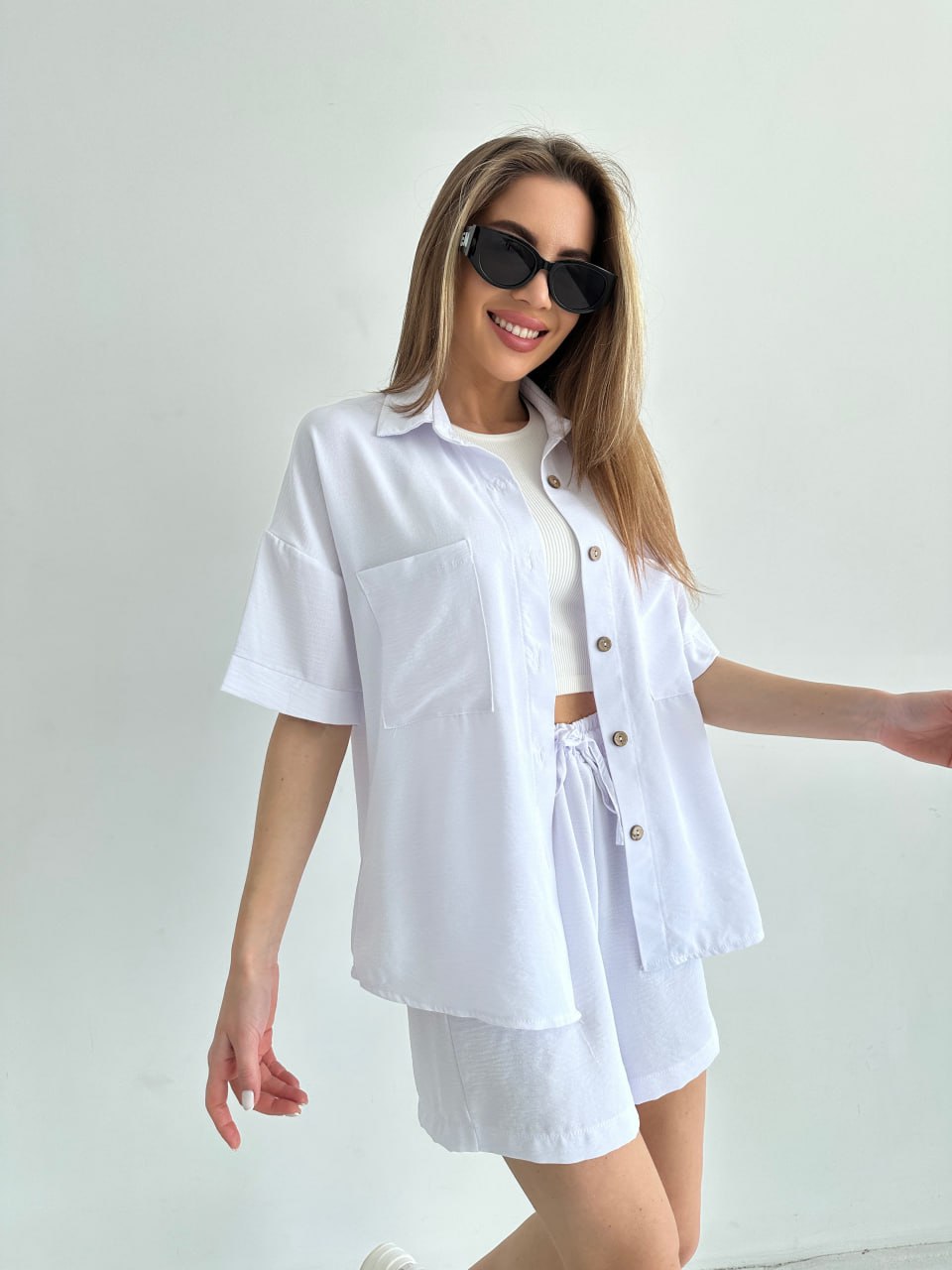 Женский летний костюм рубашка+шорты молочного цвета 33110