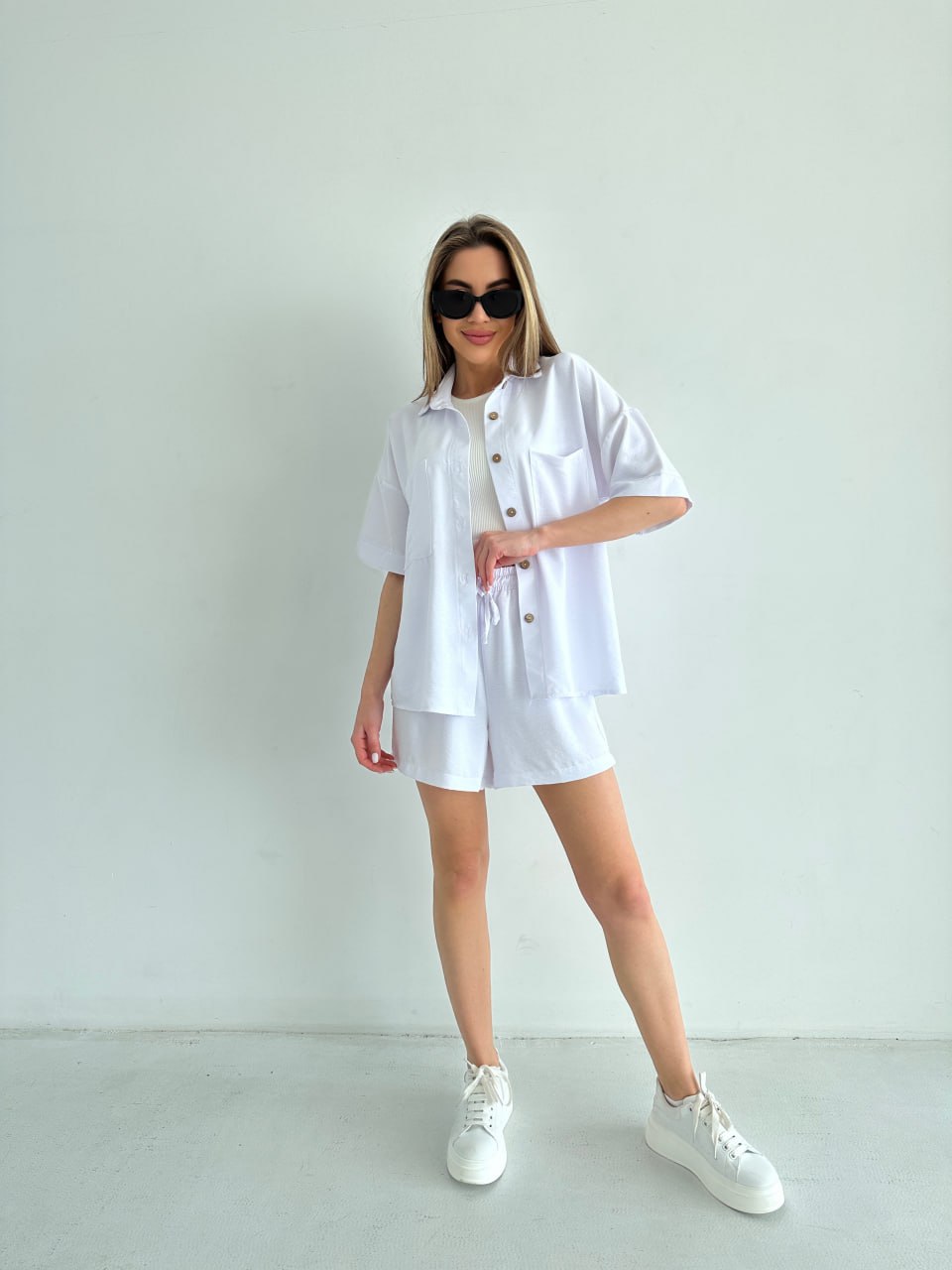 Женский летний костюм рубашка+шорты молочного цвета 33110