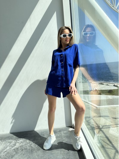 Жіночий літній костюм сорочка+шорти синього кольору 33113