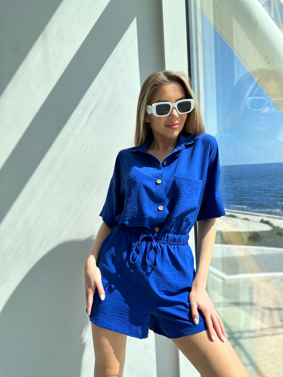 Жіночий літній костюм сорочка+шорти синього кольору 33113