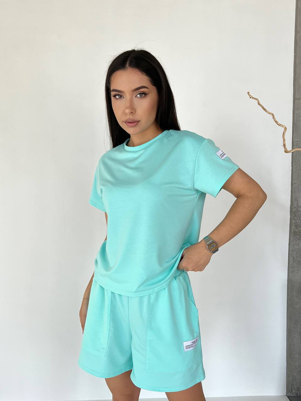 Женский летний костюм с шортами мятного цвета 33097