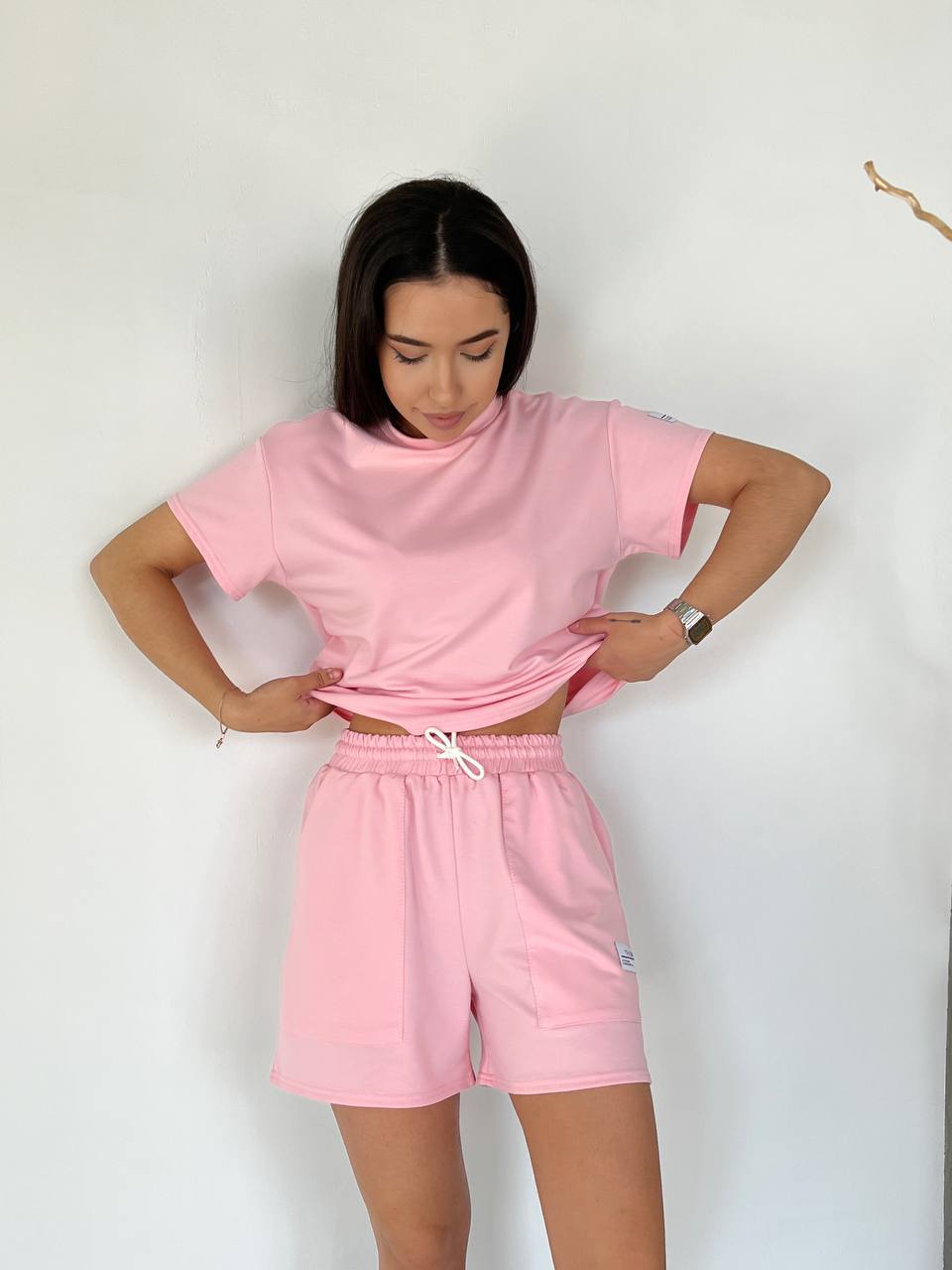 Женский летний костюм с шортами розового цвета 33096