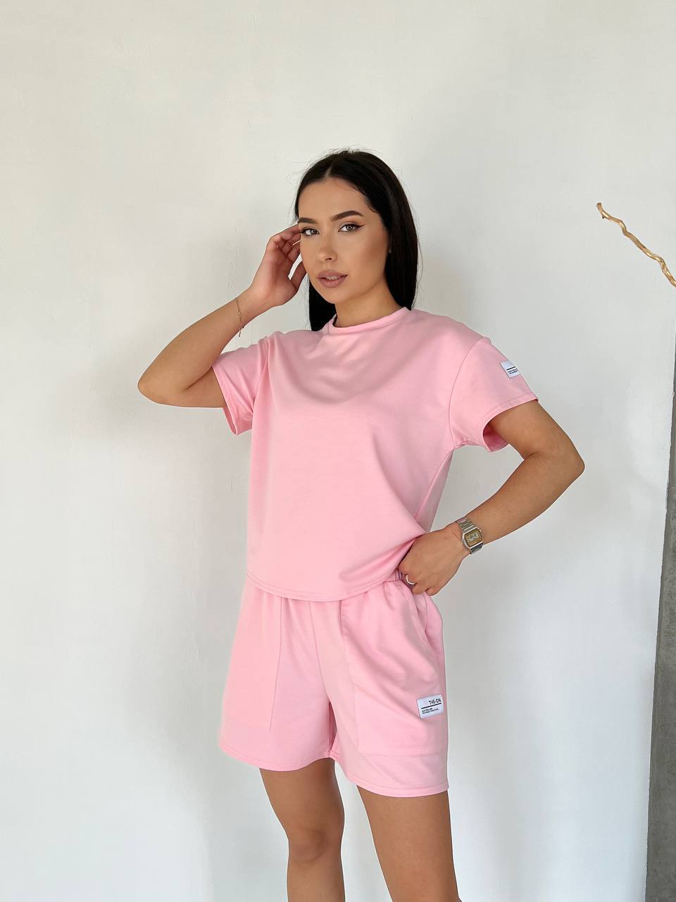 Женский летний костюм с шортами розового цвета 33096