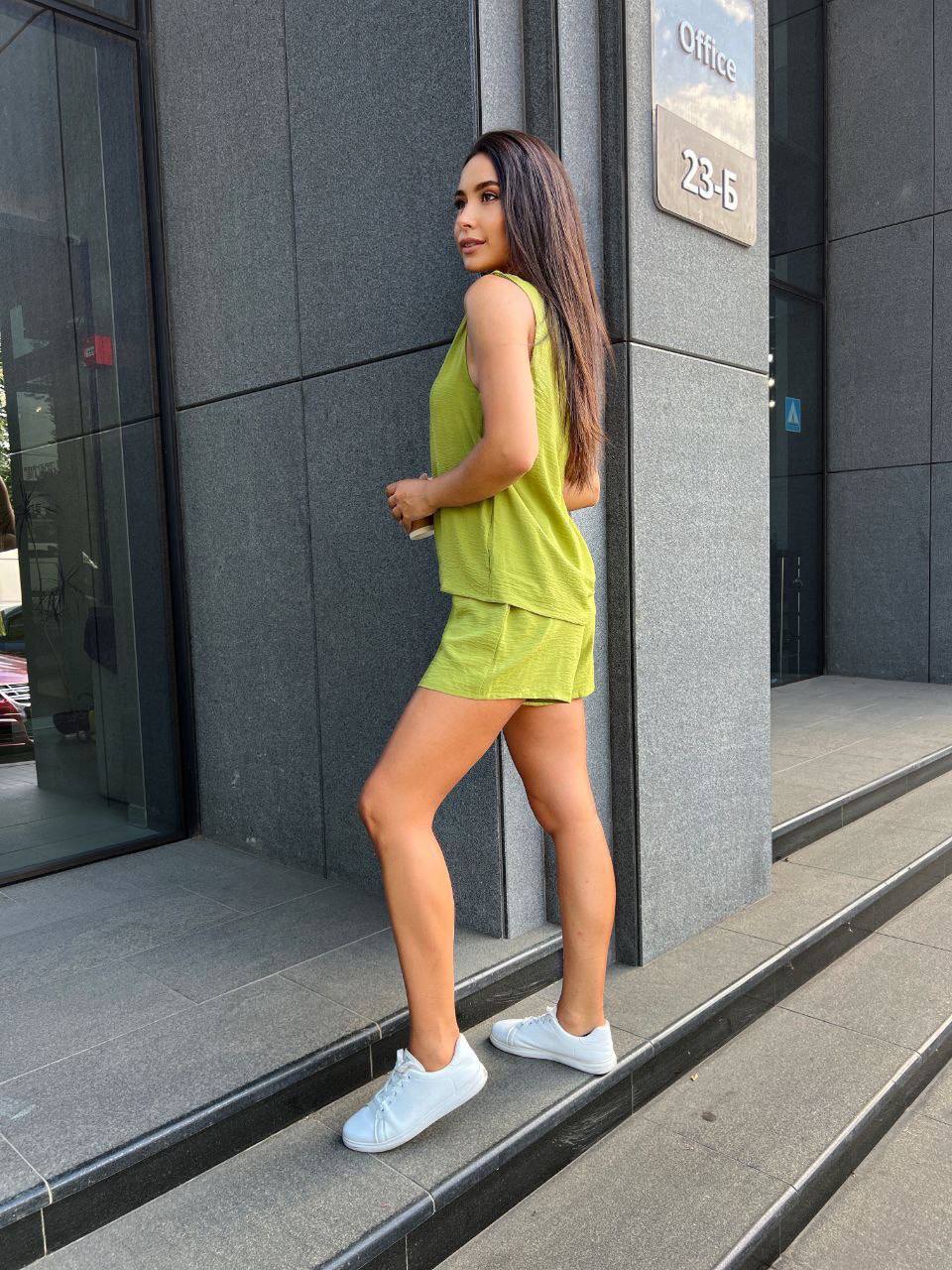 Женский летний костюм (шорты+майка) оливкового цвета 33344
