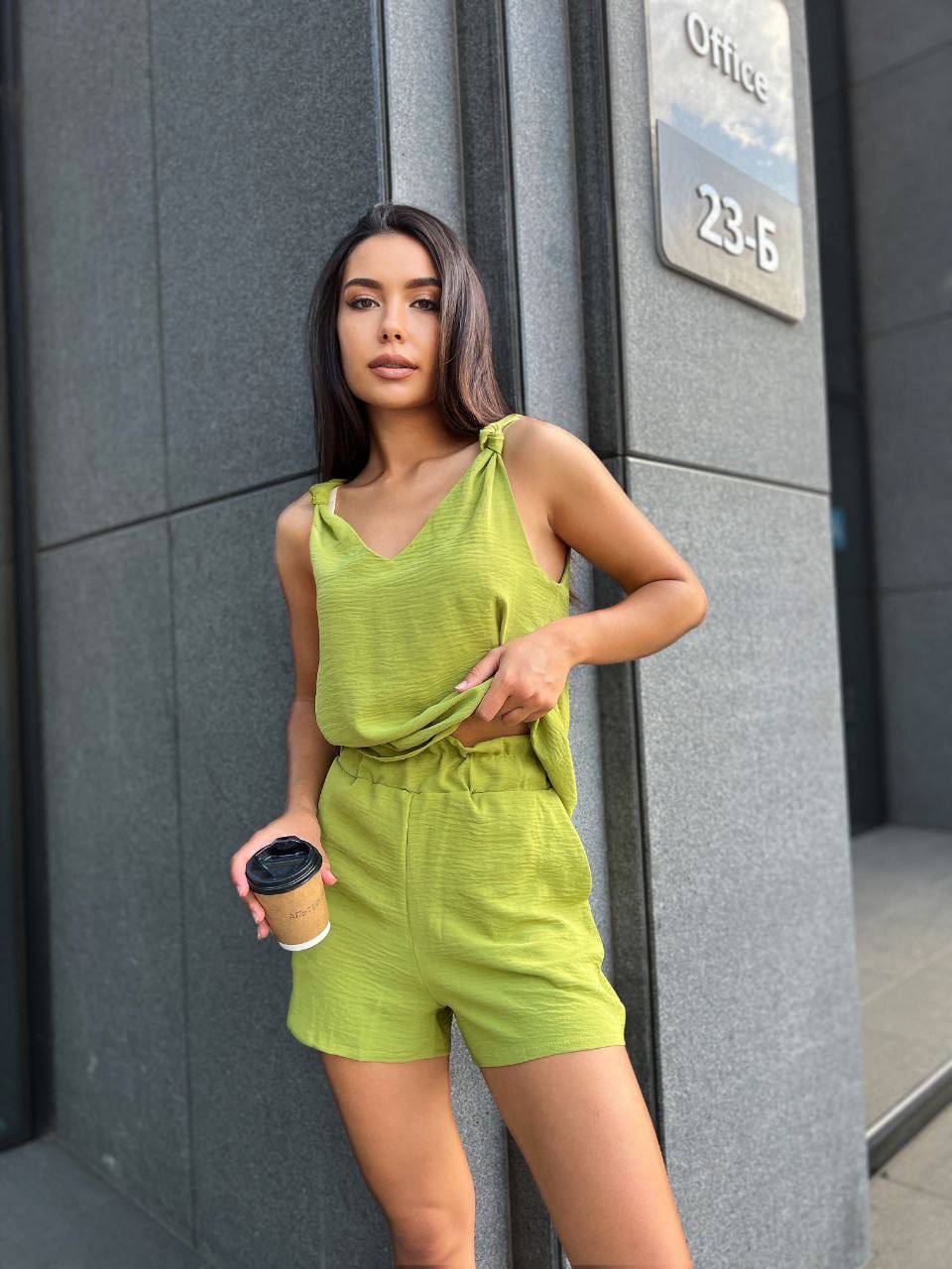 Женский летний костюм (шорты+майка) оливкового цвета 33344