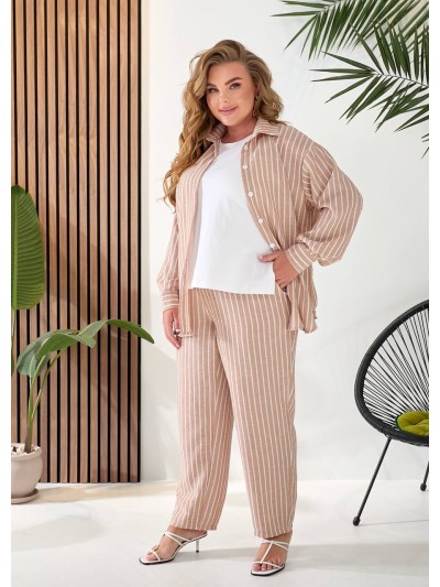 Женский льняной костюм 3-ка (штаны+майка+рубашка) бежевого цвета 33331
