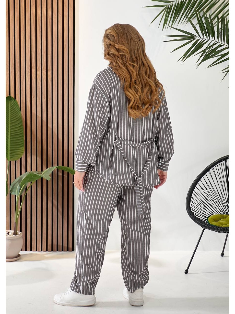 Женский льняной костюм 3-ка (штаны+майка+рубашка) графитового цвета 33330