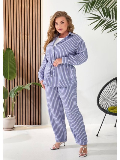 Женский льняной костюм 3-ка (штаны+майка+рубашка) синего цвета 33332