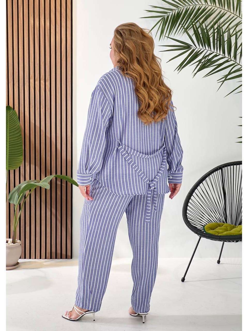 Женский льняной костюм 3-ка (штаны+майка+рубашка) синего цвета 33332