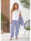 Женский льняной костюм 3-ка (штаны+майка+рубашка) синего цвета 33332