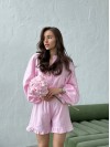 Жіночий льняний костюм з шортами рожевого кольору 33473