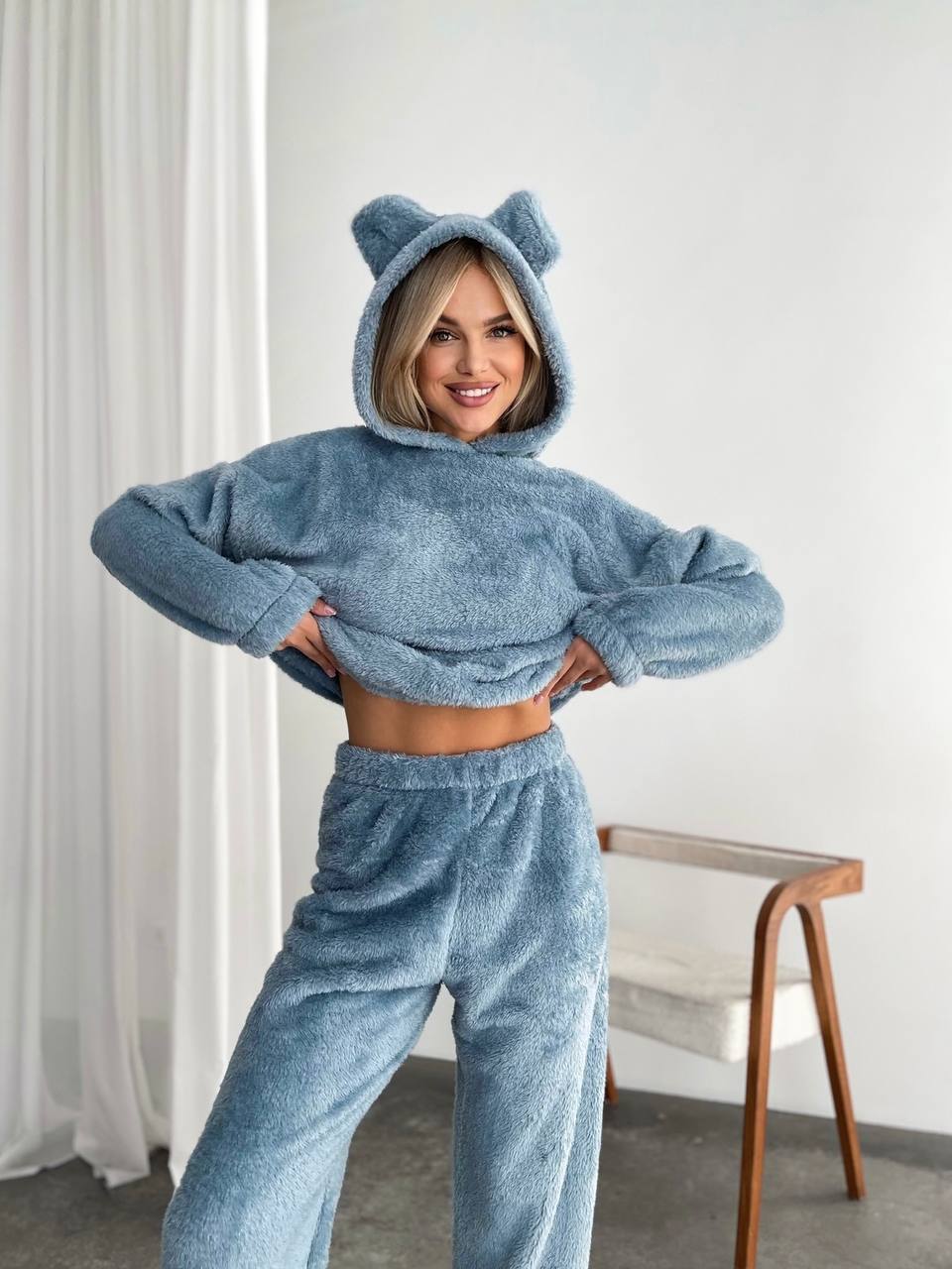 Женский махровый домашний костюм синего цвета 29416