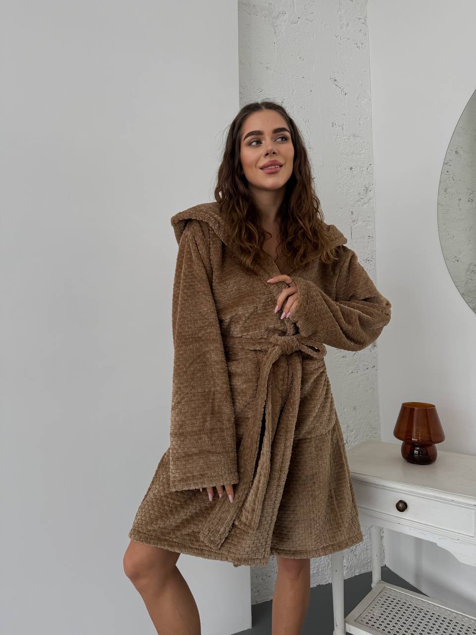 Жіночий махровий халат кавового кольору 30343