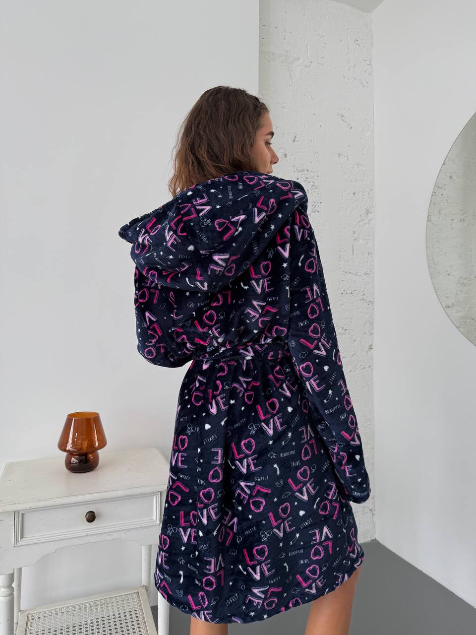 Жіночий махровий халат з написом синього кольору 30345