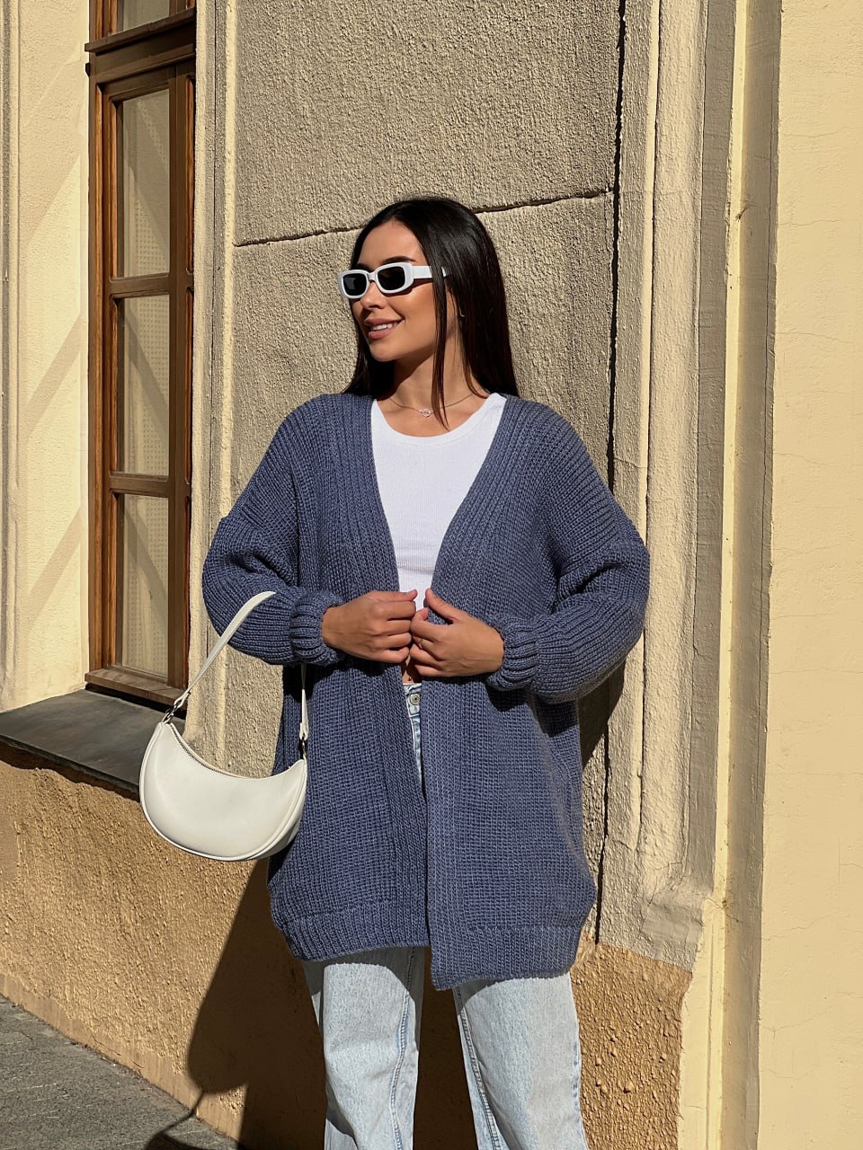 Женский полушерстяной кардиган синего цвета 31462