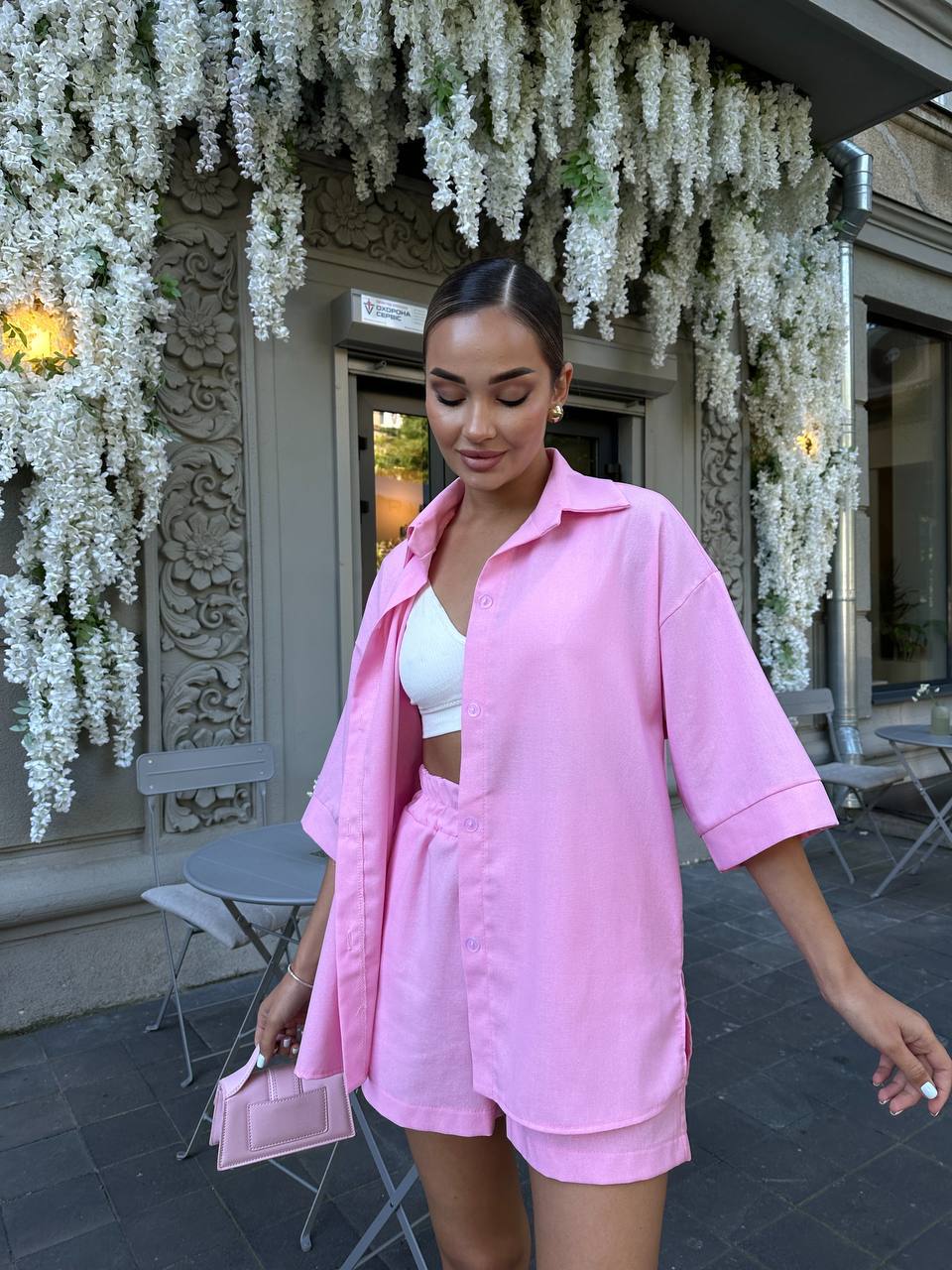 Женский повседневный костюм с шортами розового цвета 32894