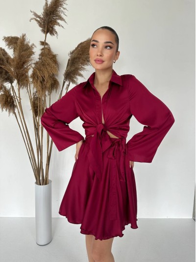 Жіночий шовковий костюм спідниця на запах+сорочка бордового кольору 32932