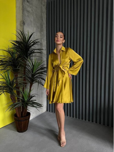 Жіночий шовковий костюм спідниця на запах+сорочка жовтого кольору 32933