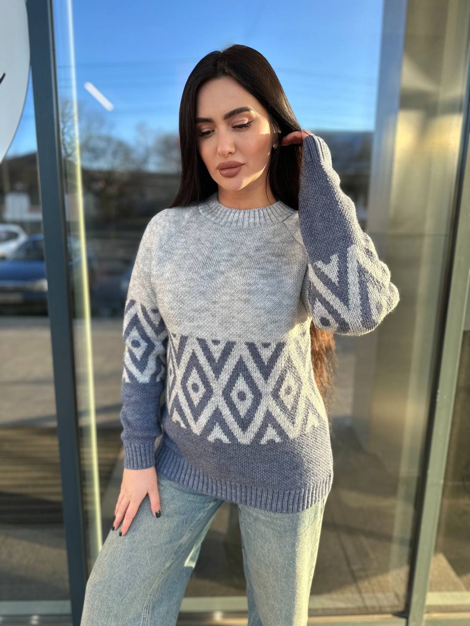 Жіночий светр із малюнком синього кольору 30458