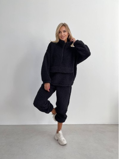 Жіночий теплий та стильний костюм Тедді чорного кольору 25552