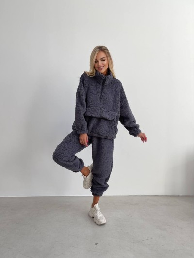 Жіночий теплий та стильний костюм Тедді графiтового кольору 29667