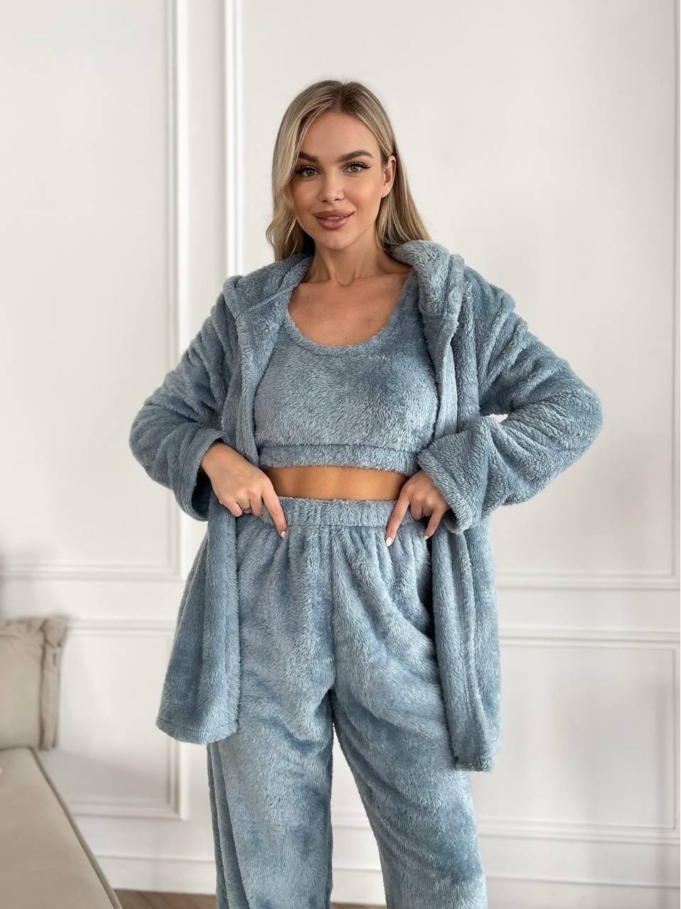Женский теплый костюм 3-ка для дома голубого цвета 29822