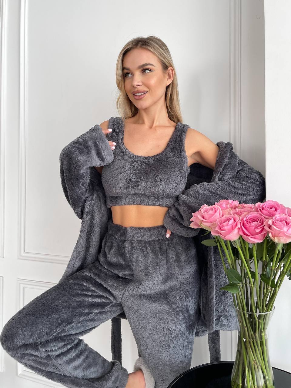 Жіночий теплий костюм 3-ка для дому графітового кольору 29818