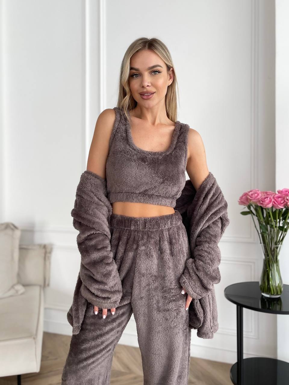 Жіночий теплий костюм 3-ка для дому кавового кольору 29820