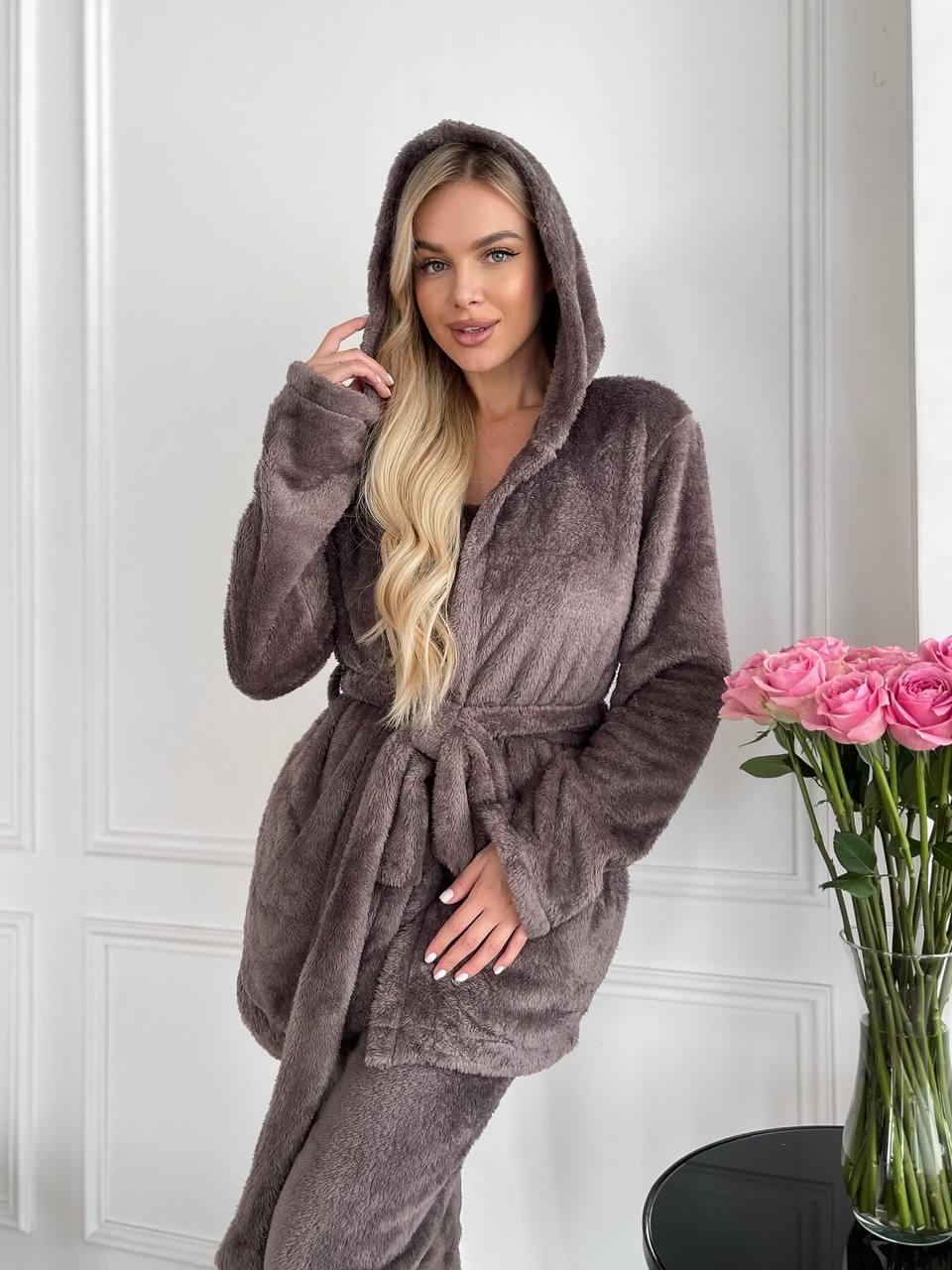 Жіночий теплий костюм 3-ка для дому кавового кольору 29820