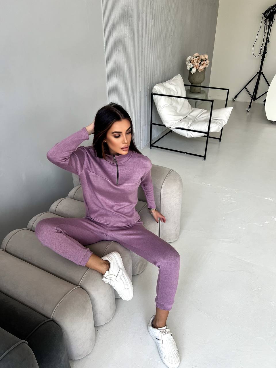 Жіночий теплий костюм із ангори пудрового кольору 29626