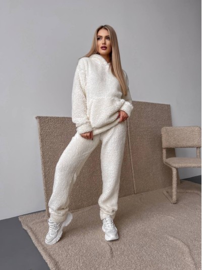 Жіночий теплий костюм з хутра Тедді бiлого кольору 30300