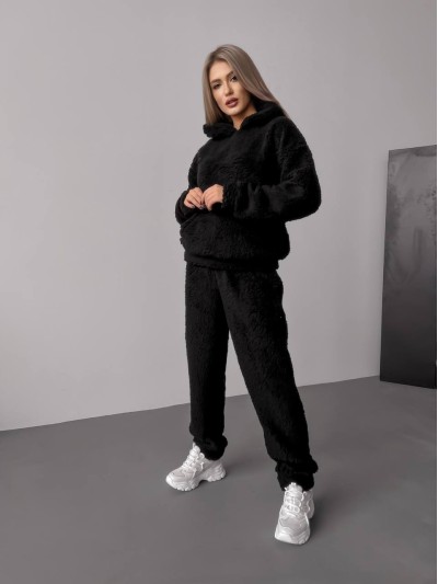Жіночий теплий костюм з хутра Тедді чорного кольору 30297