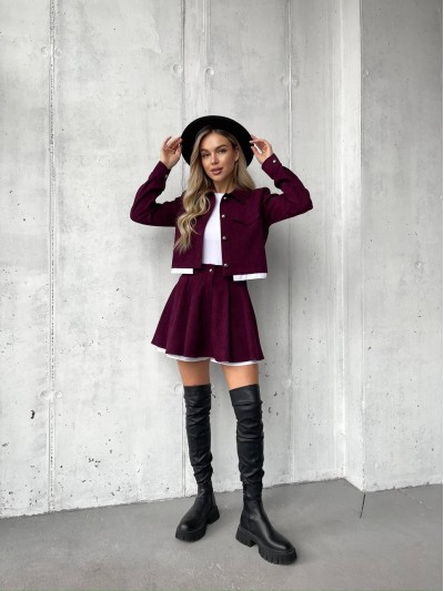 Жіночий вельветовий костюм 2-ка (спідниця-шорти+піджак) бордового кольору 30966