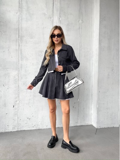 Жіночий вельветовий костюм 2-ка (спідниця-шорти+піджак) графiового кольору 30969