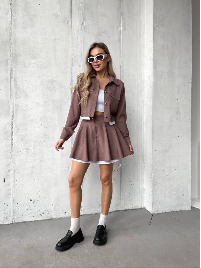 Жіночий вельветовий костюм 2-ка (спідниця-шорти+піджак) кавового кольору 30967