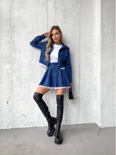 Жіночий вельветовий костюм 2-ка (спідниця-шорти+піджак) синього кольору 30968