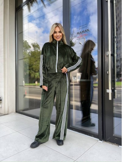 Жіночий велюровий костюм на змійці кольору хакi 30317