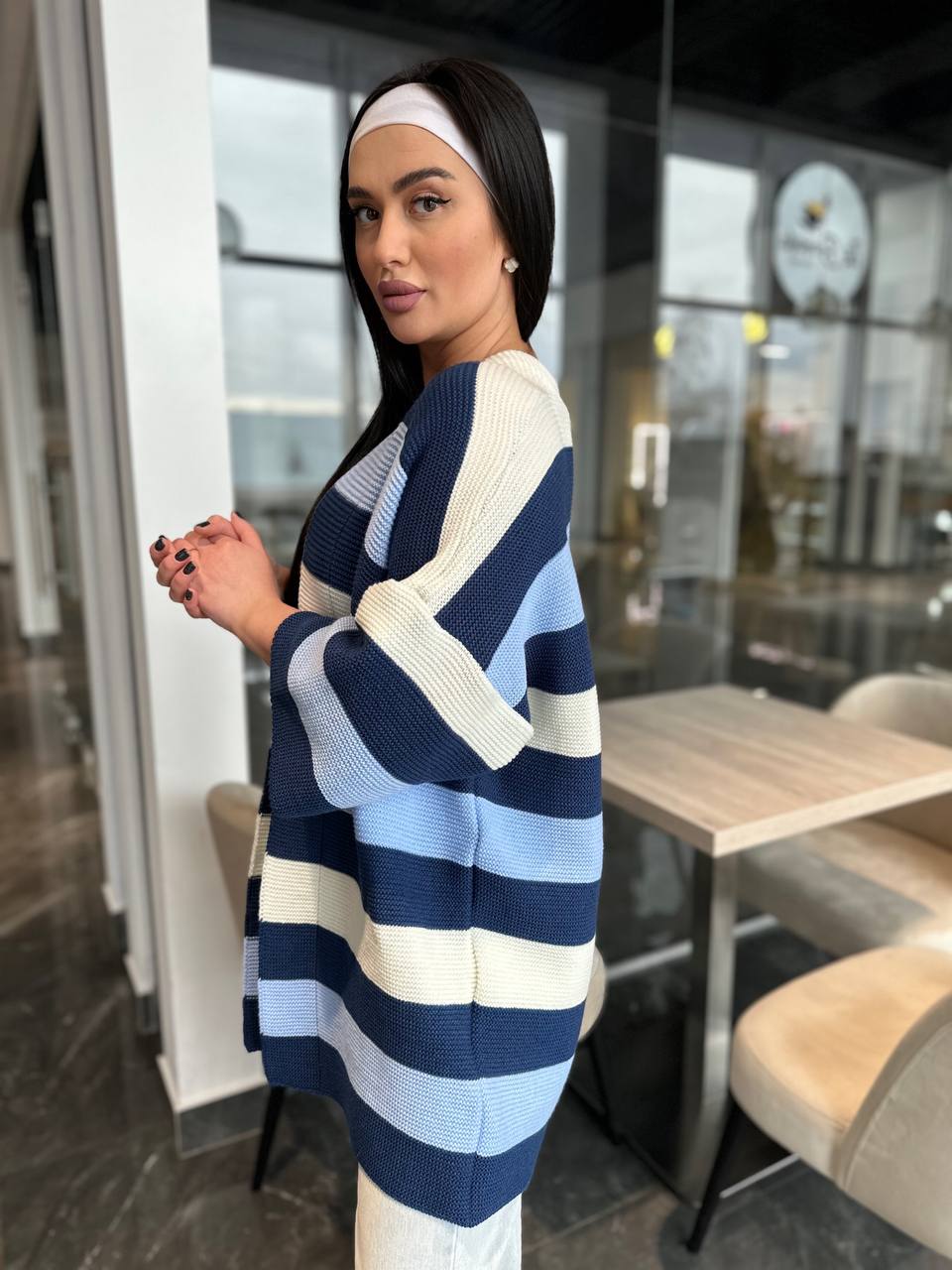 Женский вязаный кардиган синего цвета 30136