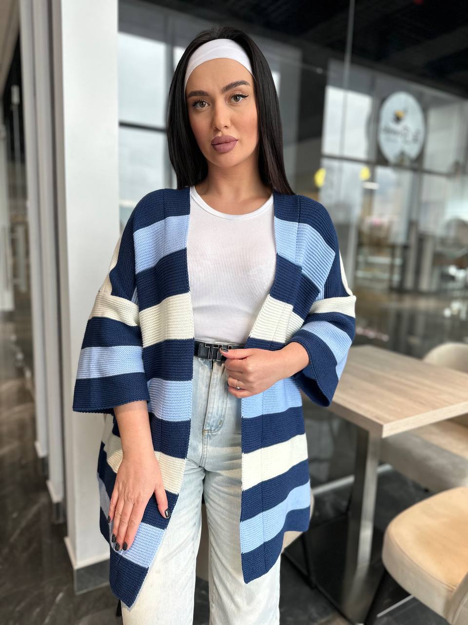 Женский вязаный кардиган синего цвета 30136