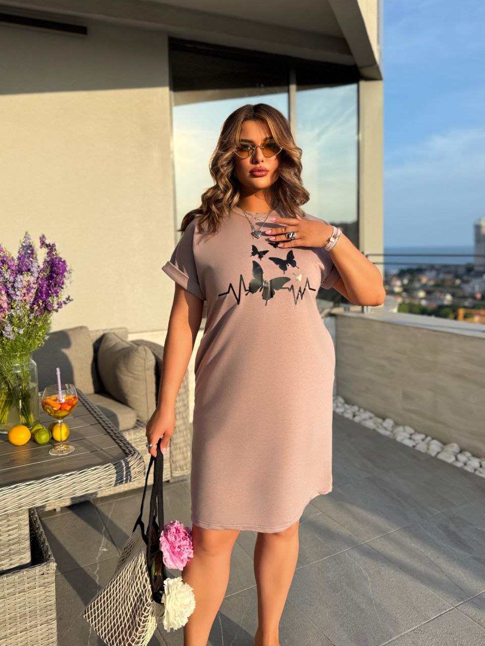 Жіноча літня сукня з малюнком пудрового кольору 33494