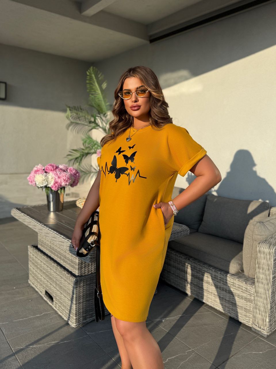 Жіноча літня сукня з малюнком жовтого кольору 33493